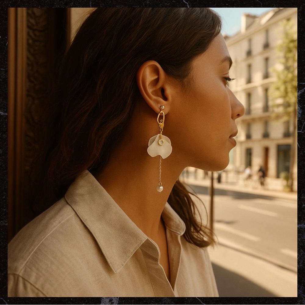 Elegant Gold and White Floral Drop Earrings